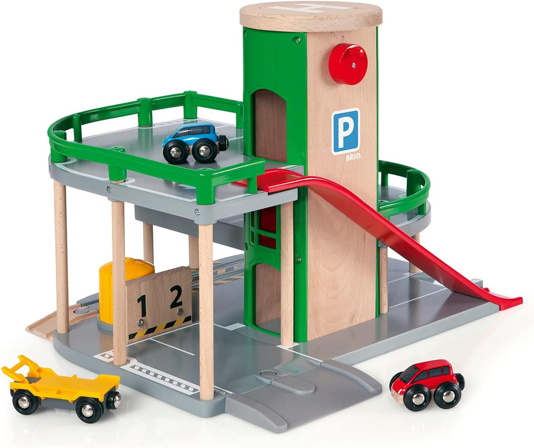BRIO World 33204 Parkhaus, Strassen &amp; Schienen – Eisenbahnzubehör für die BRIO Holzeisenbahn – Empfo
