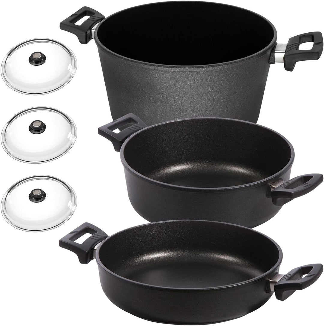 Eurolux Universal-Topfset Induktion Aluguss beschichtet 6-teilig - schwarze Koch-Töpfe Set & Deckel