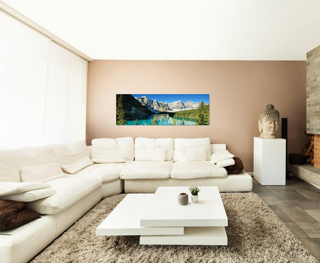Wandbild auf Leinwand als Panorama in 150x50cm Nationalpark Berge Waldsee Bäume Schnee