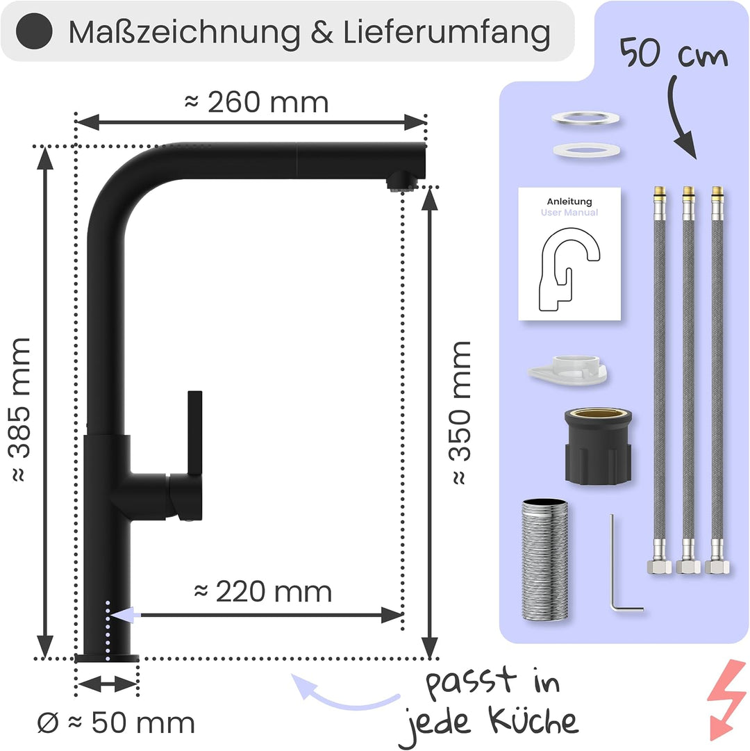 Niederdruck Küchenarmatur | Wasserhahn Küche | Mischbatterie | mit herausziehbarem Auslauf | 360° sc