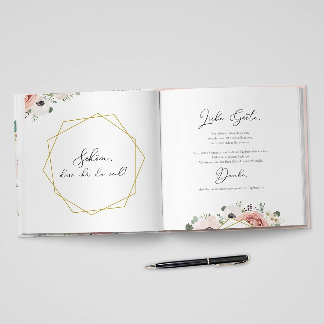 DeinWeddingshop Gästebuch Hochzeit - personalisiert - Hochzeitsgästebuch, Hardcover 21x21 cm (Inhalt