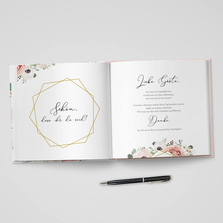 DeinWeddingshop Gästebuch Hochzeit - personalisiert - Hochzeitsgästebuch, Hardcover 21x21 cm (Inhalt