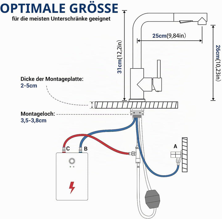 DAYONE Niederdruck Wasserhahn Küche Ausziehbar, Niederdruck Armatur Küche Ausziehbar 3 Anschlüsse, 2