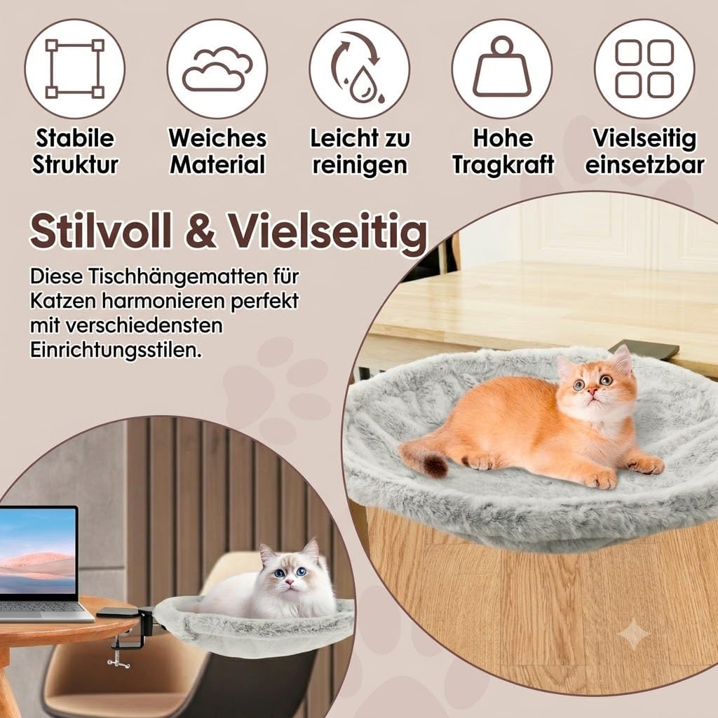 Katzenbett für Schreibtisch, Starke Bequem Katzen-Schreibtischbett bis 20kg, Weiches Katzenliege Sch