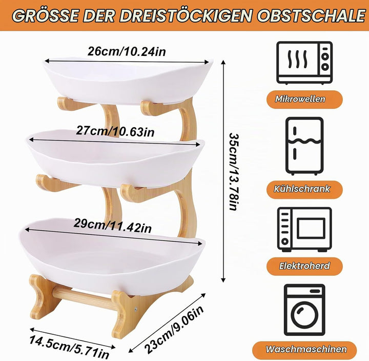 Obstschalenkorb, 3-stöckig, Servierschalen, Tablett-Set, Obstkorbständer mit Holzregal für Unterhalt