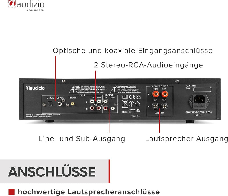 Audizio AD220B - HiFi-Stereo-Verstärker, Bluetooth Verstärker für Lautsprecher und HiFi Anlage, Ampl