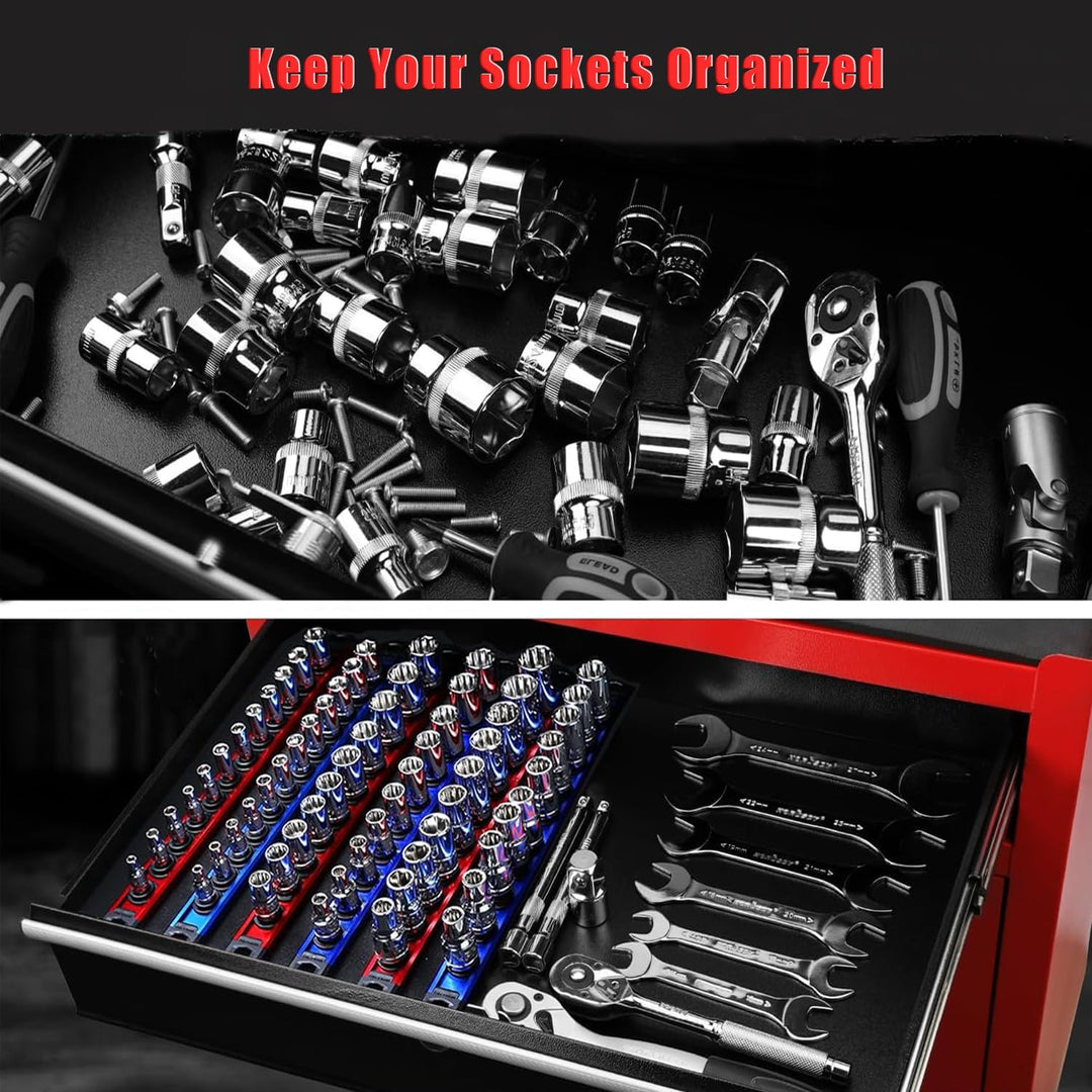 ACEBON Magnetische Stecknuss-Rail 3-tlg, Aluminium Steckschlüssel-Organizer mit 40 Drehbare Clips fü