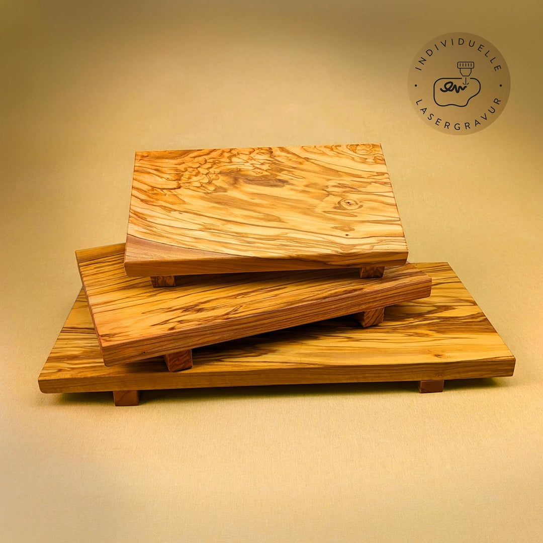 DAS OLIVENHOLZBRETT® Sushi Brett, Servier-Tablett aus Olivenholz 40cm x 20cm x 4cm, incl 1 Paar Stic