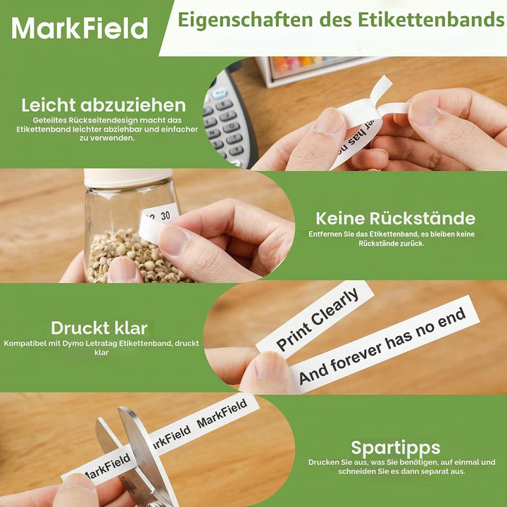 10 Packung MarkField Kompatibel mit Dymo Letratag Papier Etikettenband 12mm x 4m, Kompatibel mit Dym