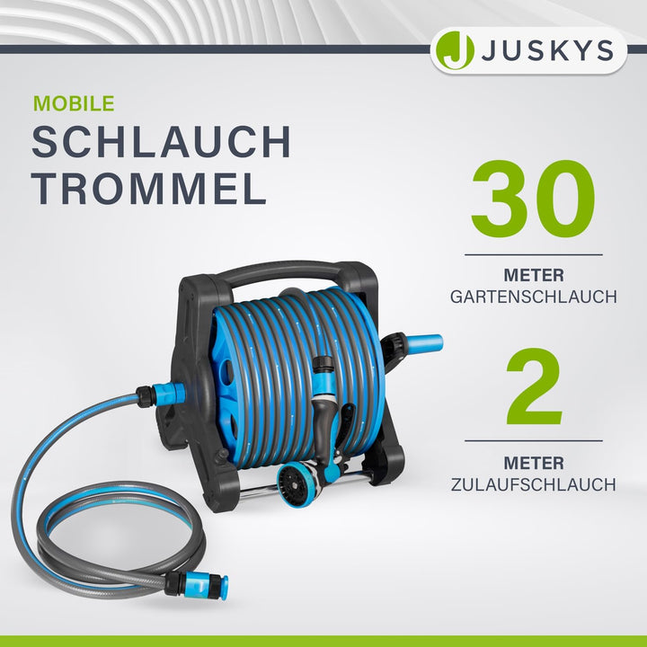 Juskys Schlauchtrommel mit 30 m Wasserschlauch und Multifunktionsbrause - Mobiler Schlauchaufroller