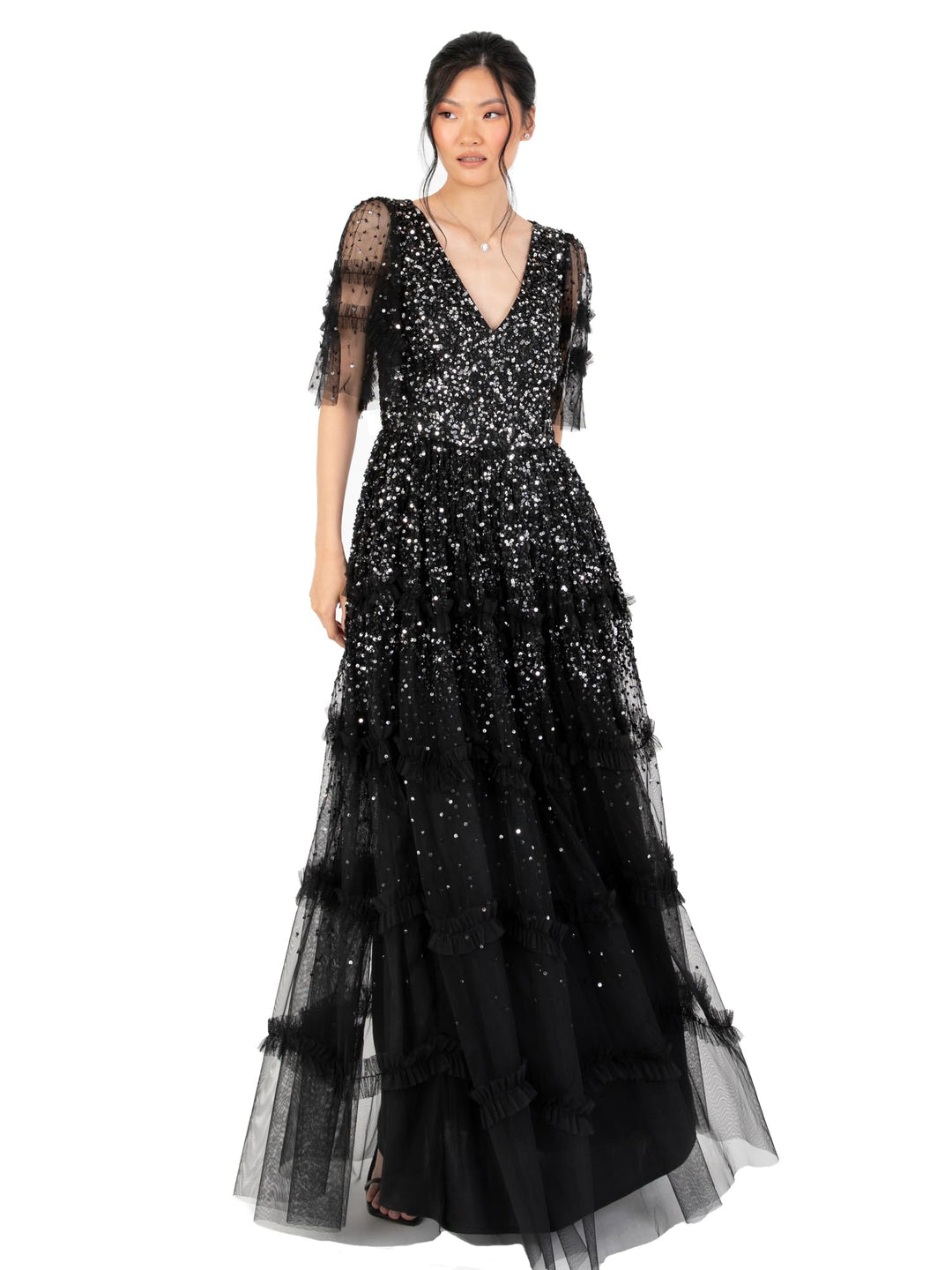 Maya Deluxe Damen Women's Maxi Dress Ladies V-Neck Sequin Embellished Ruffle Detail for Wedding Gues