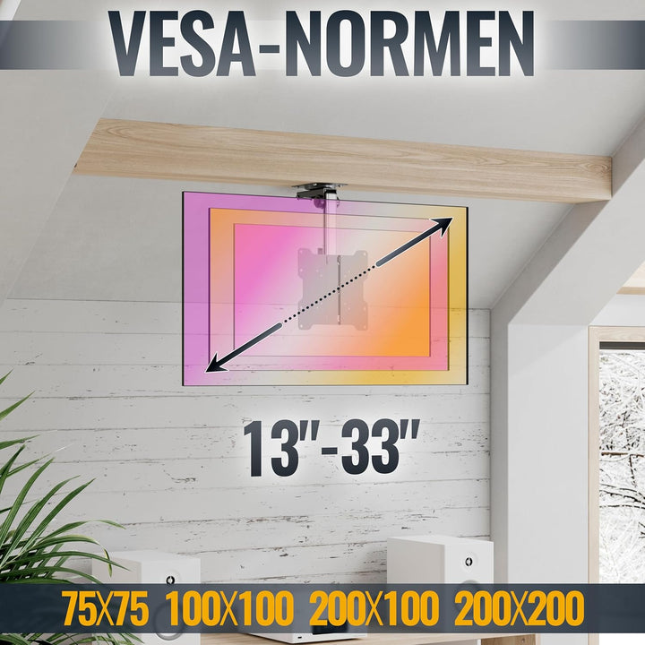 RICOO Monitor & TV Deckenhalterung für Fernseher 13-33 Zoll, Klappbar Schwenkbar Höhenverstellbar, U