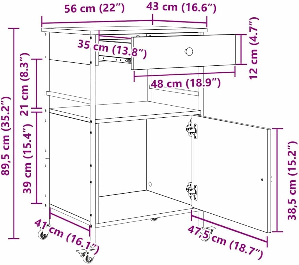 vidaXL Küchentrolley Schwarz Eichen-Optik 56 x 43 x 89,5 cm, Moderner Küchenwagen, praktisches Troll