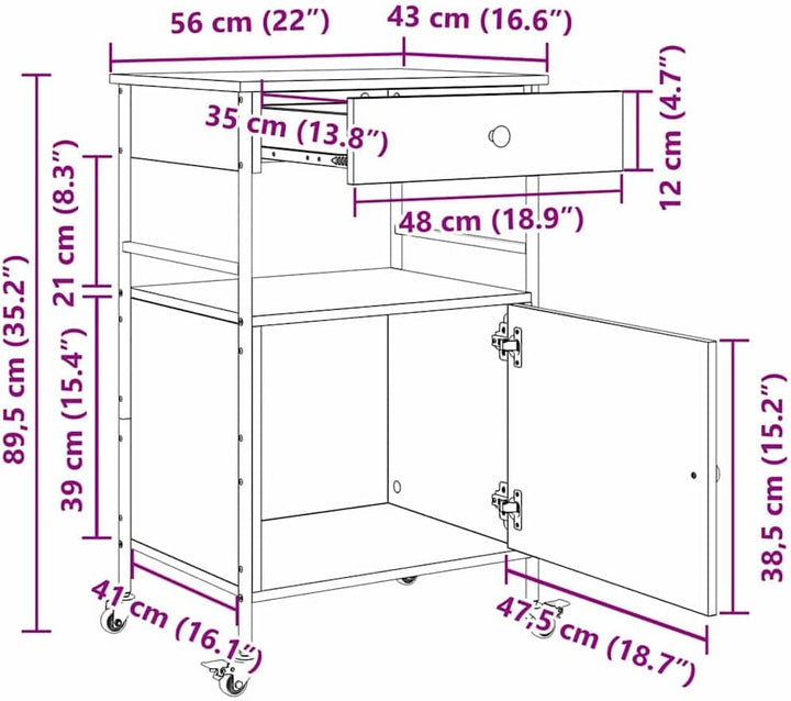 vidaXL Küchentrolley Schwarz Eichen-Optik 56 x 43 x 89,5 cm, Moderner Küchenwagen, praktisches Troll