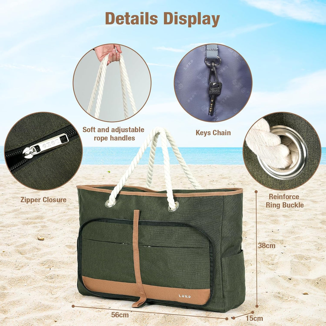 Strandtasche Damen Gross mit Reissverschluss, Vielseitiger Damen Shopper Badetasche Saunatasche Reis