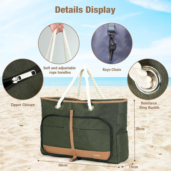 Strandtasche Damen Gross mit Reissverschluss, Vielseitiger Damen Shopper Badetasche Saunatasche Reis