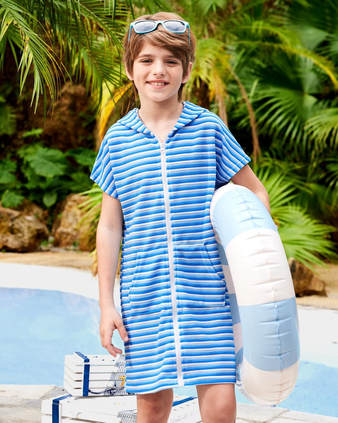 BesserBay Mädchen Junge Badeponcho Frottee Bademantel Kapuze Poncho mit Taschen Zip Cover Up Kinder
