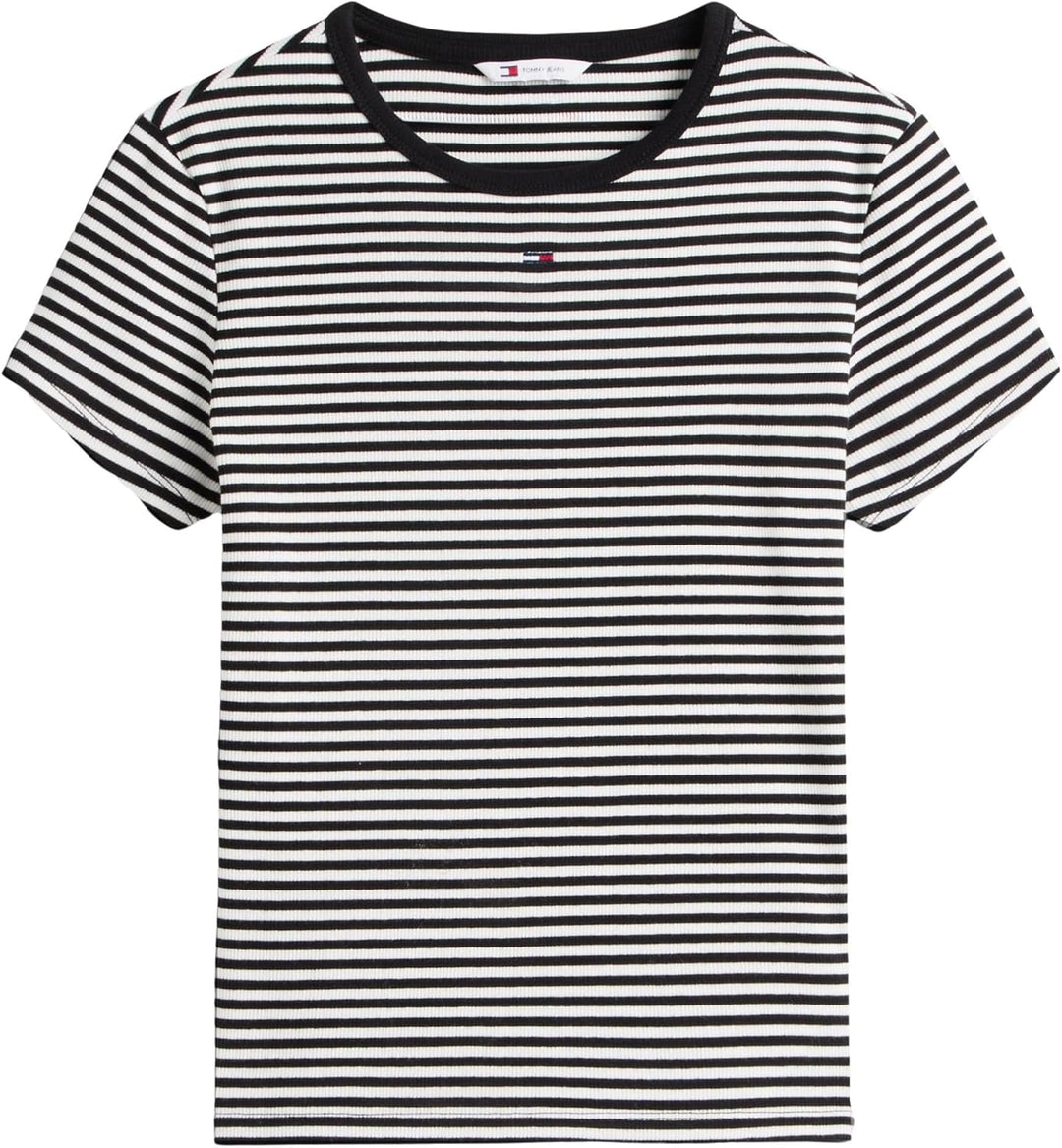 Tommy Jeans Damen T-Shirt Kurzarm Essential Rib Slim Fit XS Black (Black / Ecru Stripe), XS Black (B