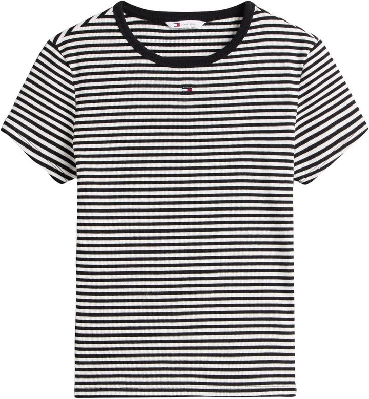 Tommy Jeans Damen T-Shirt Kurzarm Essential Rib Slim Fit XS Black (Black / Ecru Stripe), XS Black (B