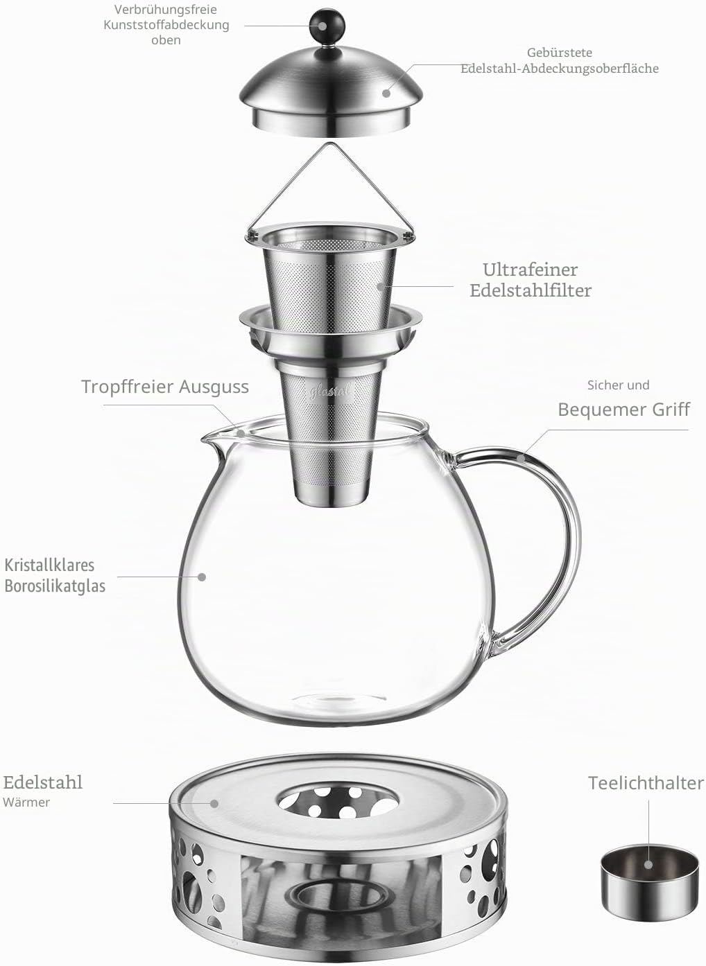 glastal 1500ml Silberne Teekanne mit Stövchen Teebereiter Glas und Edelstahl Teewärmer Teekanne Suit