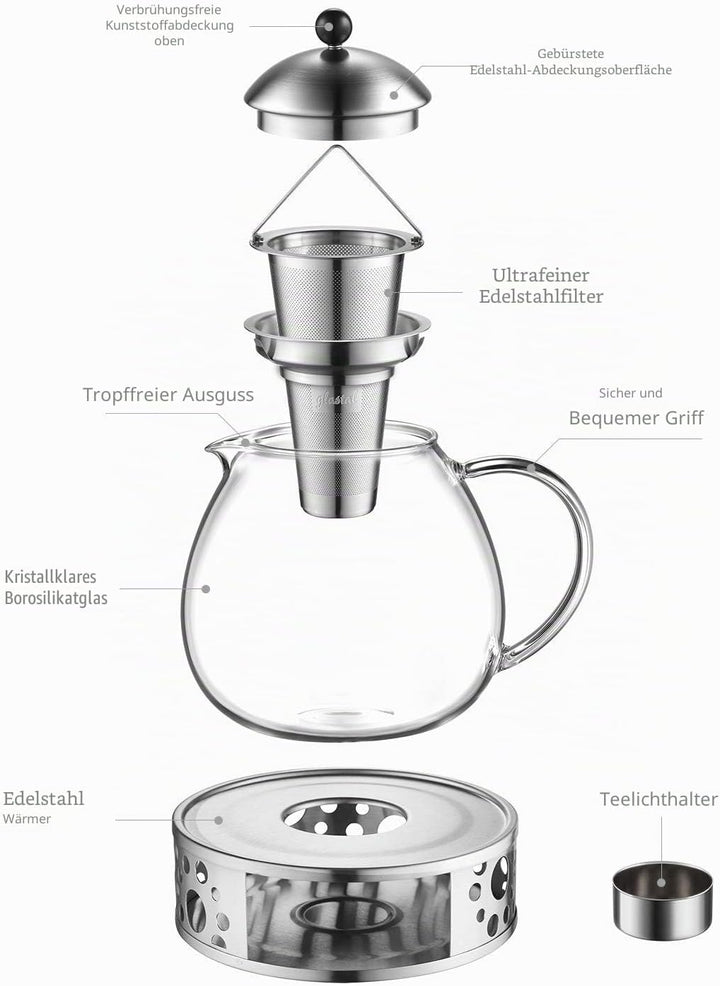glastal 1500ml Silberne Teekanne mit Stövchen Teebereiter Glas und Edelstahl Teewärmer Teekanne Suit