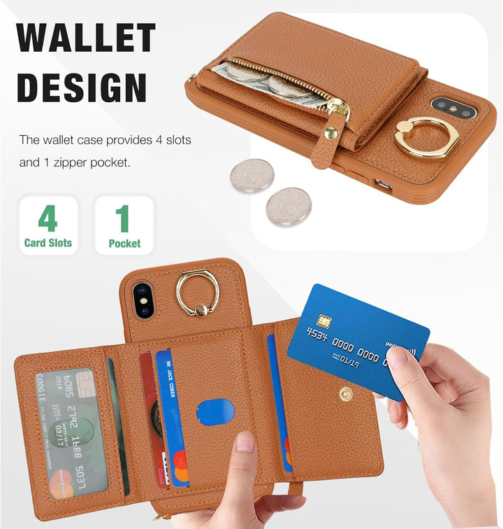 ELTEKER Handyhülle für iPhone XS Max Hülle mit Band Kartenfach Handykette Ringhalterung Geldbörse,Le
