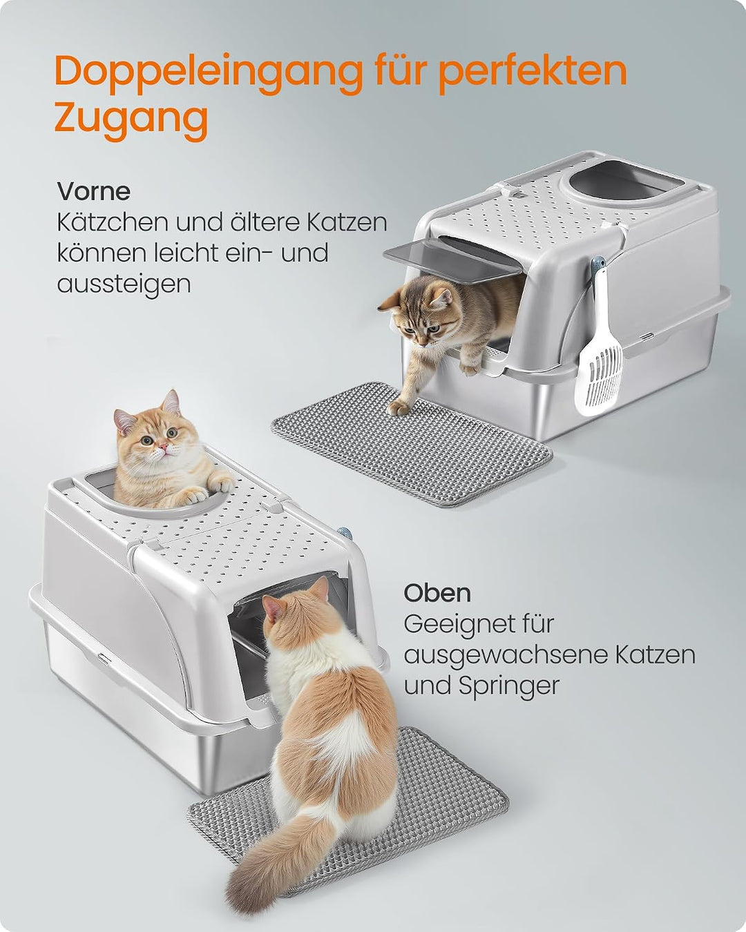 Feandrea Katzenklo Edelstahl, XL, Katzentoilette mit Deckel, mit Schaufel, Bürste und 2 Eingängen, f