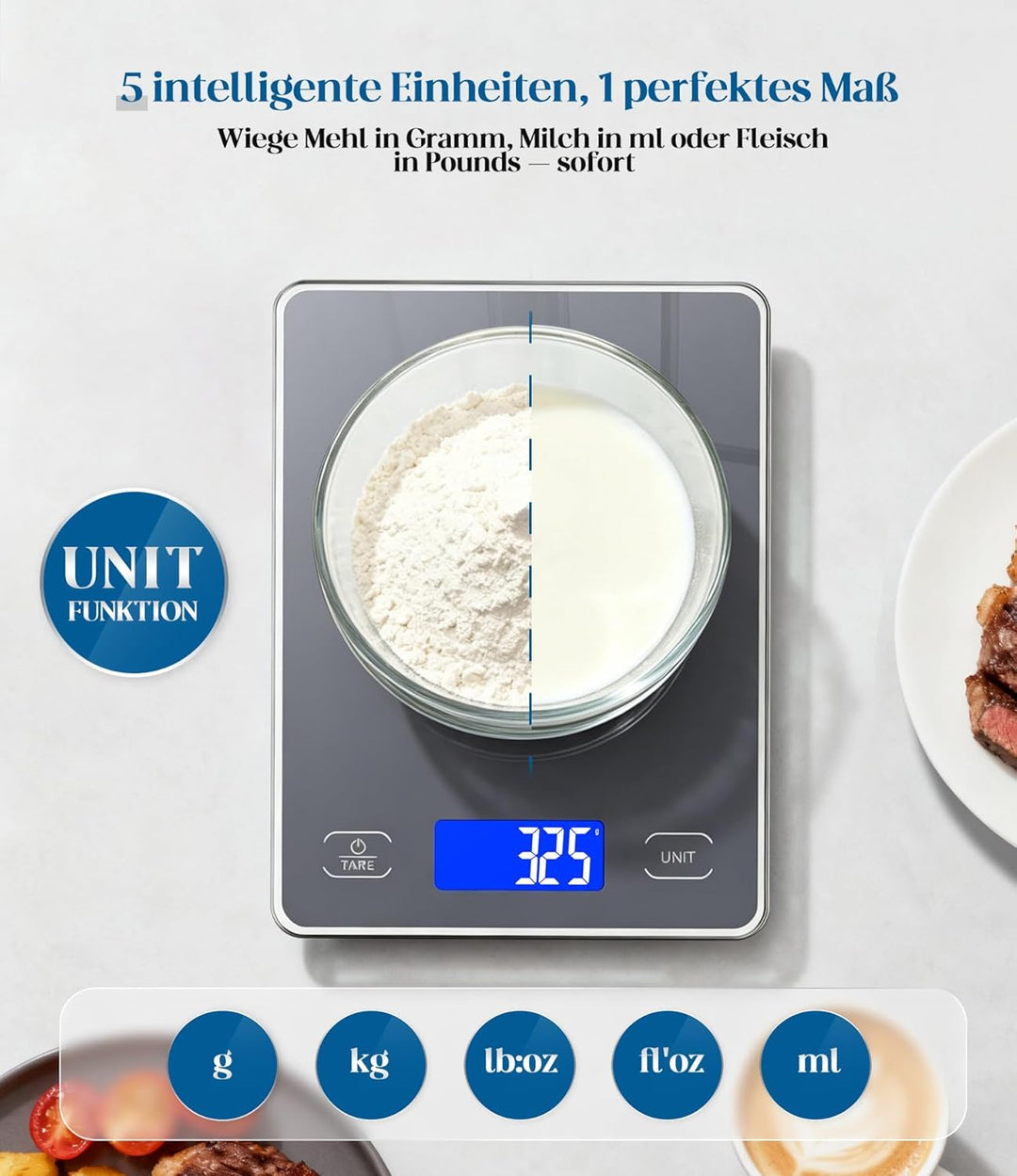 Küchenwaage Digital mit 15 kg Tragkraft, 5 Einheiten in g/ml/fl'oz, Präzise Waage Küche mit Grossem