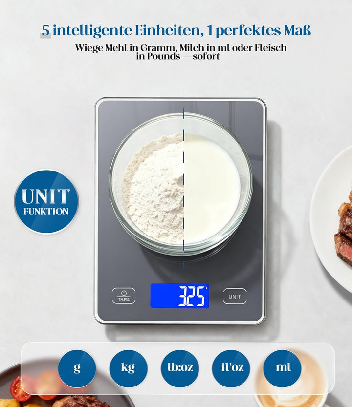 Küchenwaage Digital mit 15 kg Tragkraft, 5 Einheiten in g/ml/fl'oz, Präzise Waage Küche mit Grossem