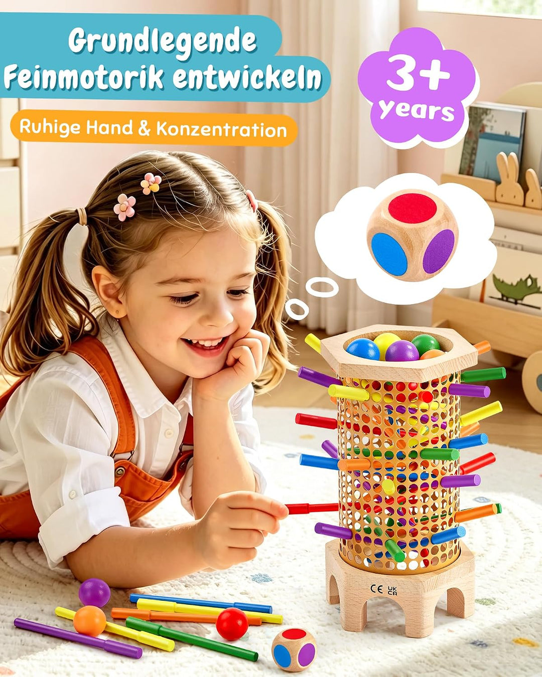 Montessori Spielzeug ab 3 4 5 6 Jahren - Holz Brettspiel mit bunten Antirutsch-Stäbchen, Ball & Würf