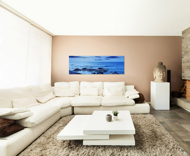 Paul Sinus Art Panoramabild auf Leinwand und Keilrahmen 150x50cm Meer Felsen Steine Nacht Vollmond