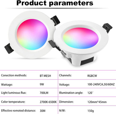 Bluetooth WIFI 9W Led Einbaustrahler Dimmbar 230V 700ml RGBCW Smart Led Spots Flach Downlight mit Fe