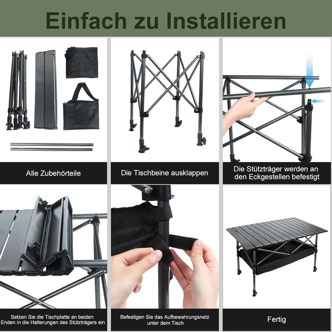 Campingtisch Klappbar, Klapptisch Höhenverstellbar, 95x55cm Camping Falttisch mit Ablagenetz, Tasche