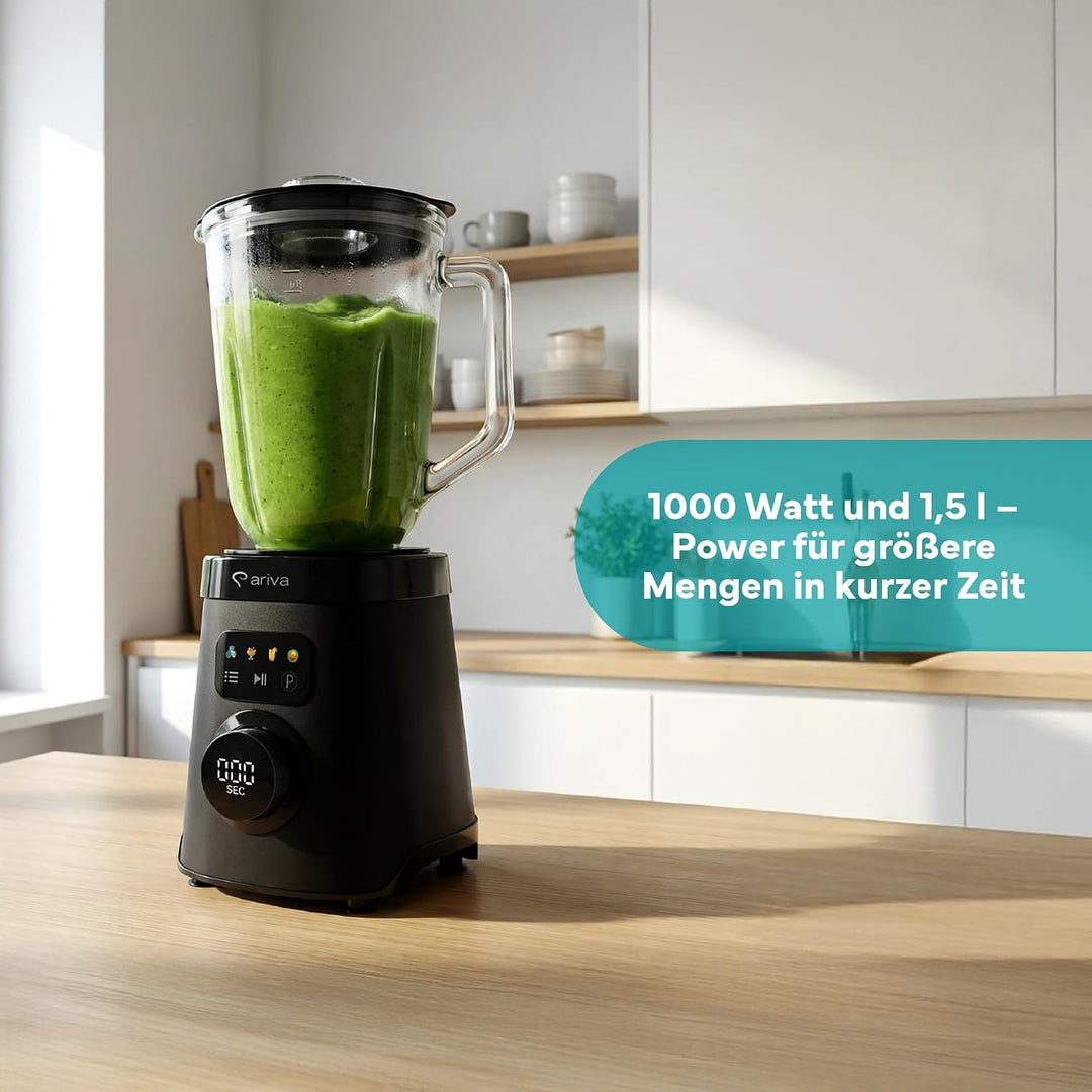 ARIVA Standmixer 1000W mit 1,5L Glasbehälter & Kaffeemühle, Smoothie Maker & Ice Crusher mit LED-Tou