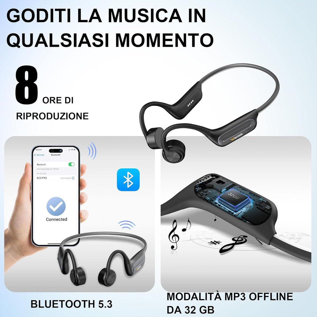 Wantek Open Ear Knochenschall Kopfhörer Bluetooth 5.3, Kabellos IP68 Wasserdicht mit Lange Akkulaufz