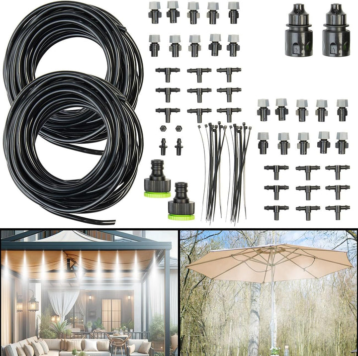 Royal Gardineer Vernebler Garten: 2X Wasser-Zerstäuber-Set, je 10-Meter-Schlauch & 10 Kunststoff-Düs