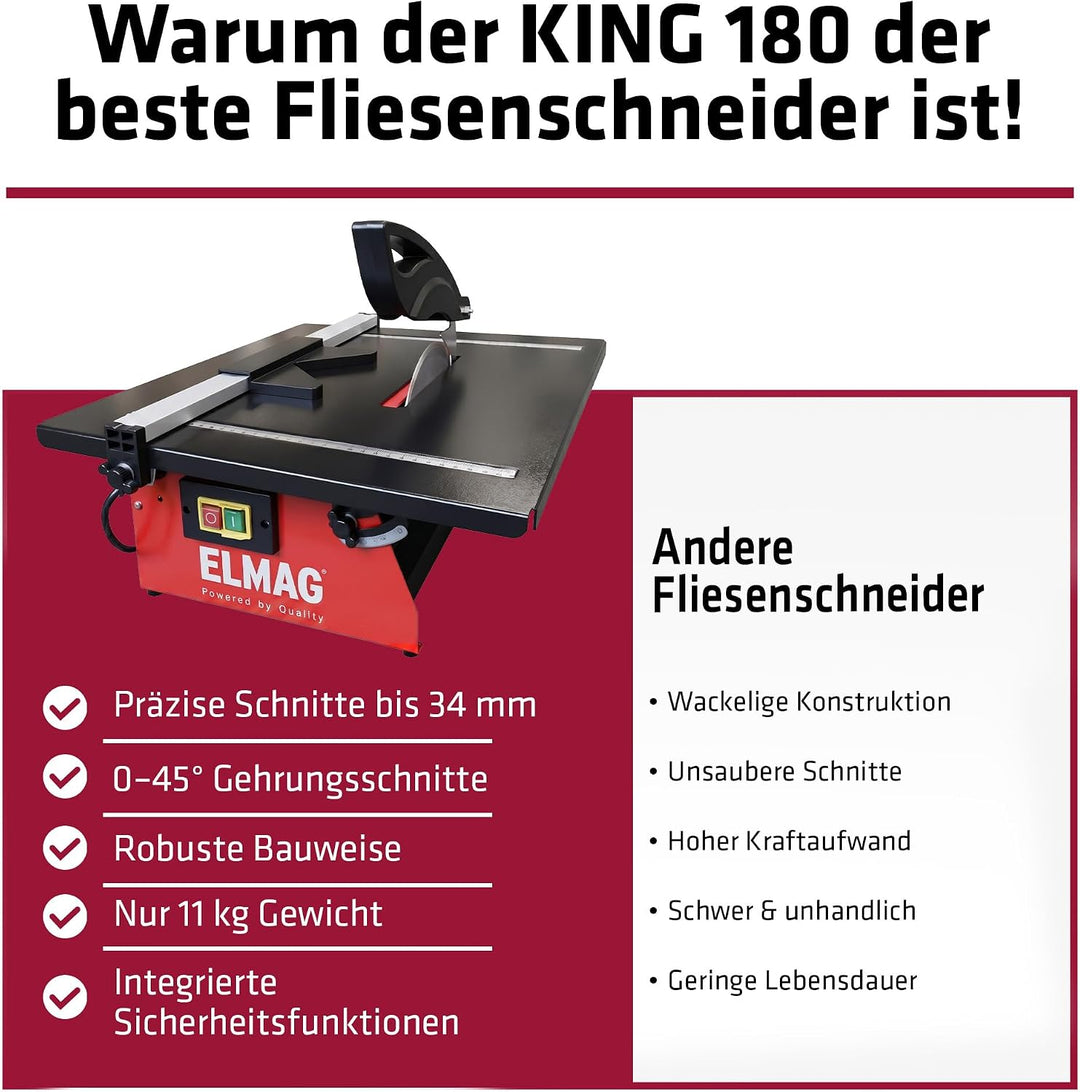 ELMAG Fliesenschneidmaschine KING 180 | Diamantscheibe Ø180 mm | 0–45° Gehrung | Nassschnitt | 0,6 k