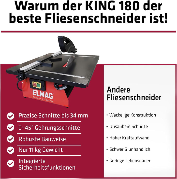 ELMAG Fliesenschneidmaschine KING 180 | Diamantscheibe Ø180 mm | 0–45° Gehrung | Nassschnitt | 0,6 k