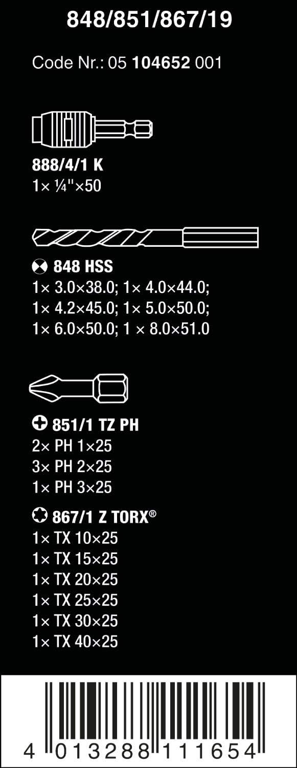 Wera Metallspiralbohrer-Bits und Bit-Satz 848/851/867/19, 19-teilig, 05104652001