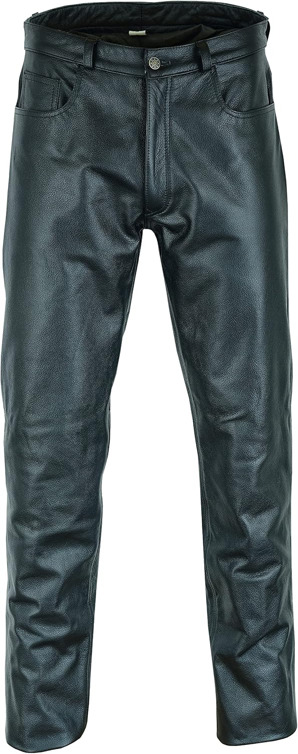 Lederjeans Herren Rindsleder Top-Grain Echtleder - Lässige Motorrad Biker Hosen Schwarz, S