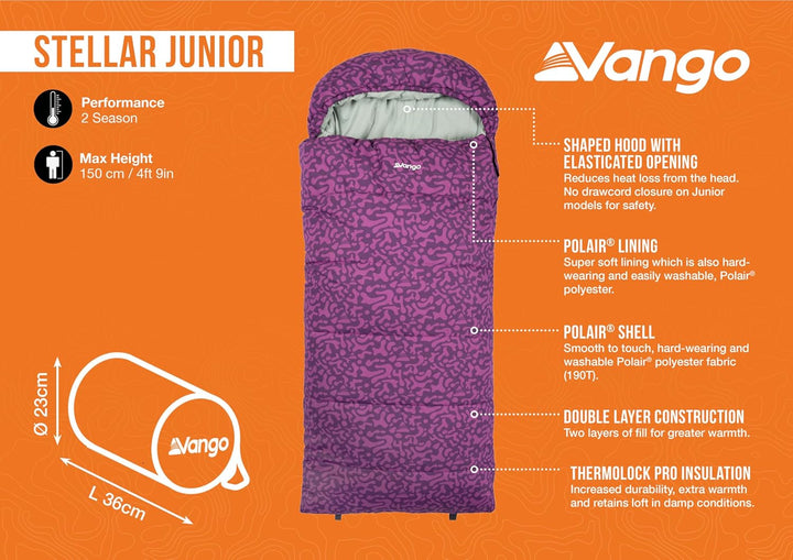 Vango Stellar Junior-Schlafsack mit geformter Kapuze, isoliert, weiches, glattes Polair-Futter und S