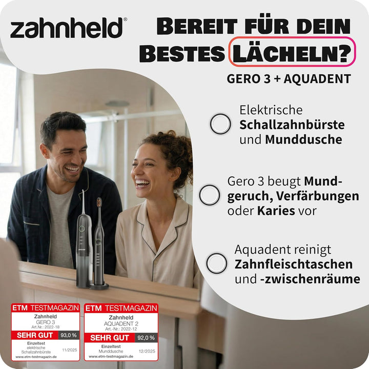 Zahnheld® Super-Set, elektrische Schallzahnbürste GERO + Munddusche AQUADENT | inkl. Bürstenkopf & R