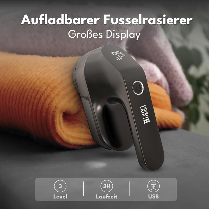 LEBENLANG Fusselrasierer Elektrisch 2000mAh - Inkl. LED Anzeige & Reinigungspinsel I Bis zu 2h Laufz