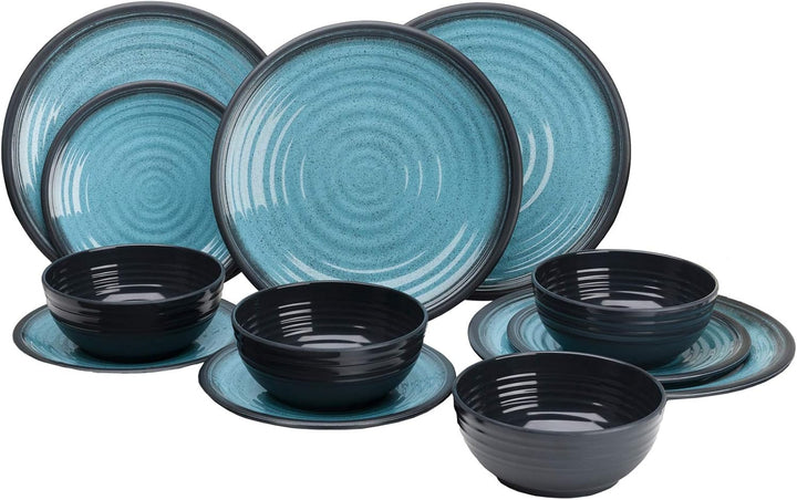 Camping Geschirr Set aus Melamin für 6 Personen - mit Tellern und Stapel-Tassen - 24 Teile - Blau-Sc