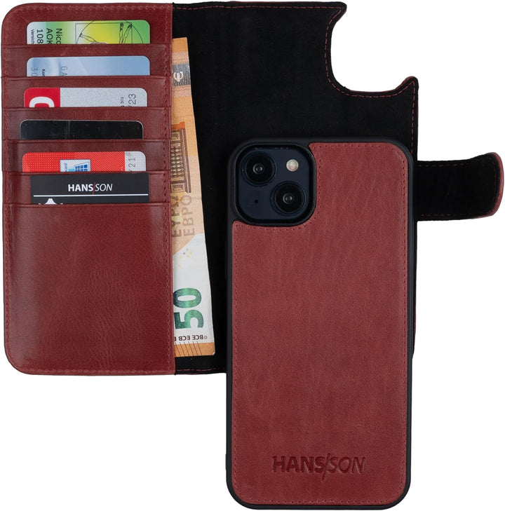 HANS/SON Echtlederhülle für iPhone 14 Plus | 6,7 Zoll | 2 in 1 Ledercase mit Kartenfächern | Roter G