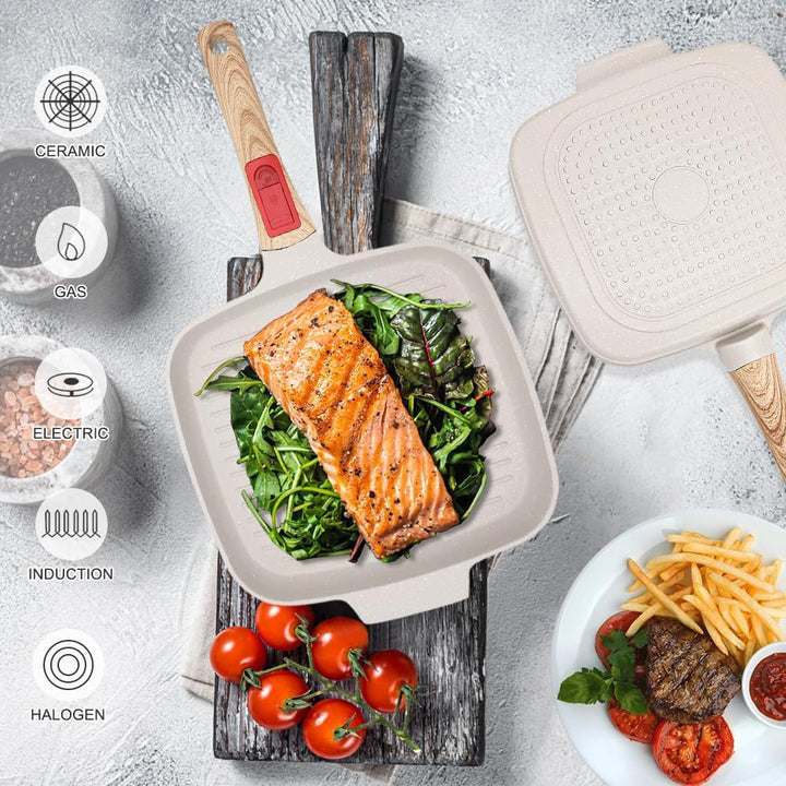 Grillpfanne Induktion mit Abnehmbarer Griff, 26 x 24 cm Steakpfanne mit Deckel Antihaft Beschichtet