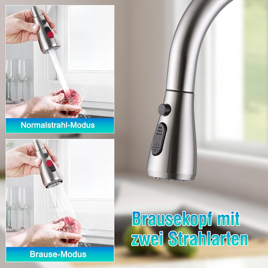 Wasserhahn Küchen, Hochdruck Küchenarmatur mit Brausekopf, 2 Wasserauslauf Modi, Küchenarmatur Auszi