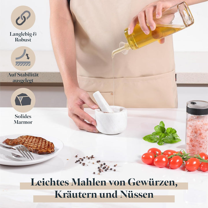 Gourmeo Mörser mit Stössel Set aus Marmor - 8,5 x 8,5 x H6cm - 200ml Mörser mit Stössel klein - Mort