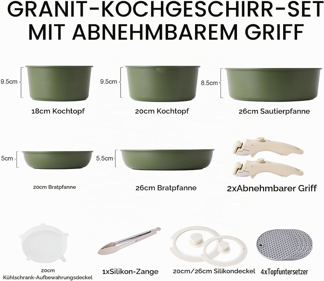 RIOVARM Induktion Töpfe und Pfannen Set mit abnehmbaren Griffen, Antihaft Granit Stapelbar Kochgesch