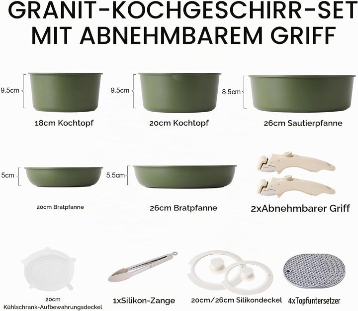 RIOVARM Induktion Töpfe und Pfannen Set mit abnehmbaren Griffen, Antihaft Granit Stapelbar Kochgesch